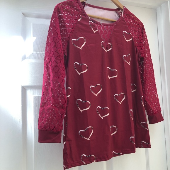 Love Heart Printed Red Lace Long Sleeve Casual Top - Picture 7 of 8